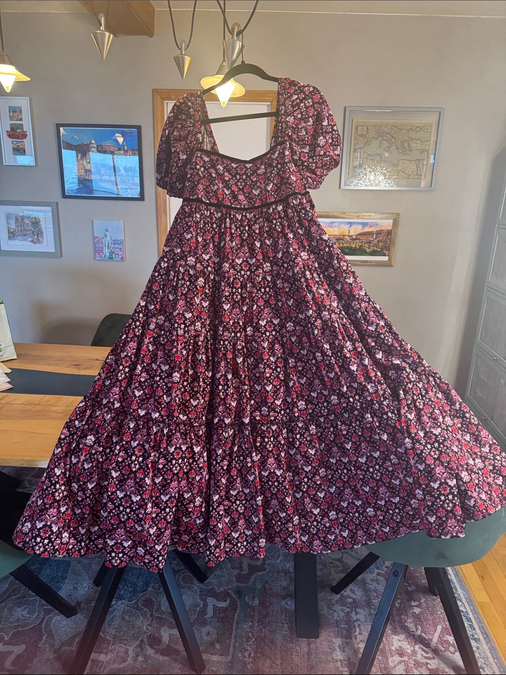 Floral Corduroy Puff Sleeve Maxi Dress in Black & Pink with velvet black trim